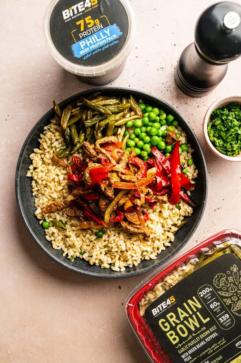 Grain bowl with buffalo chicken protein pack