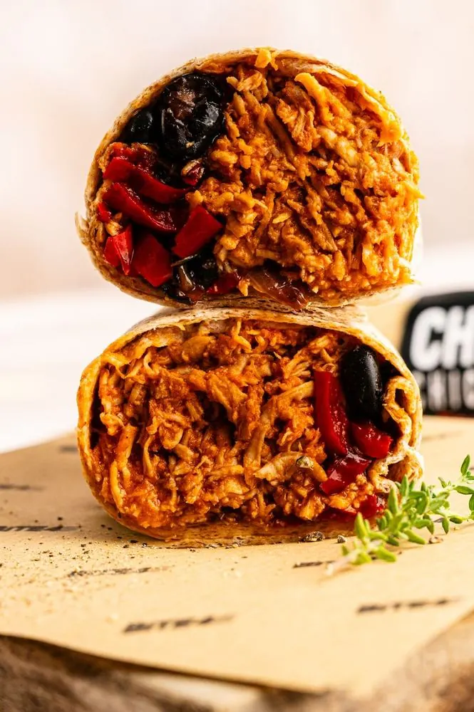 Chipotle chicken wrap cut in half
